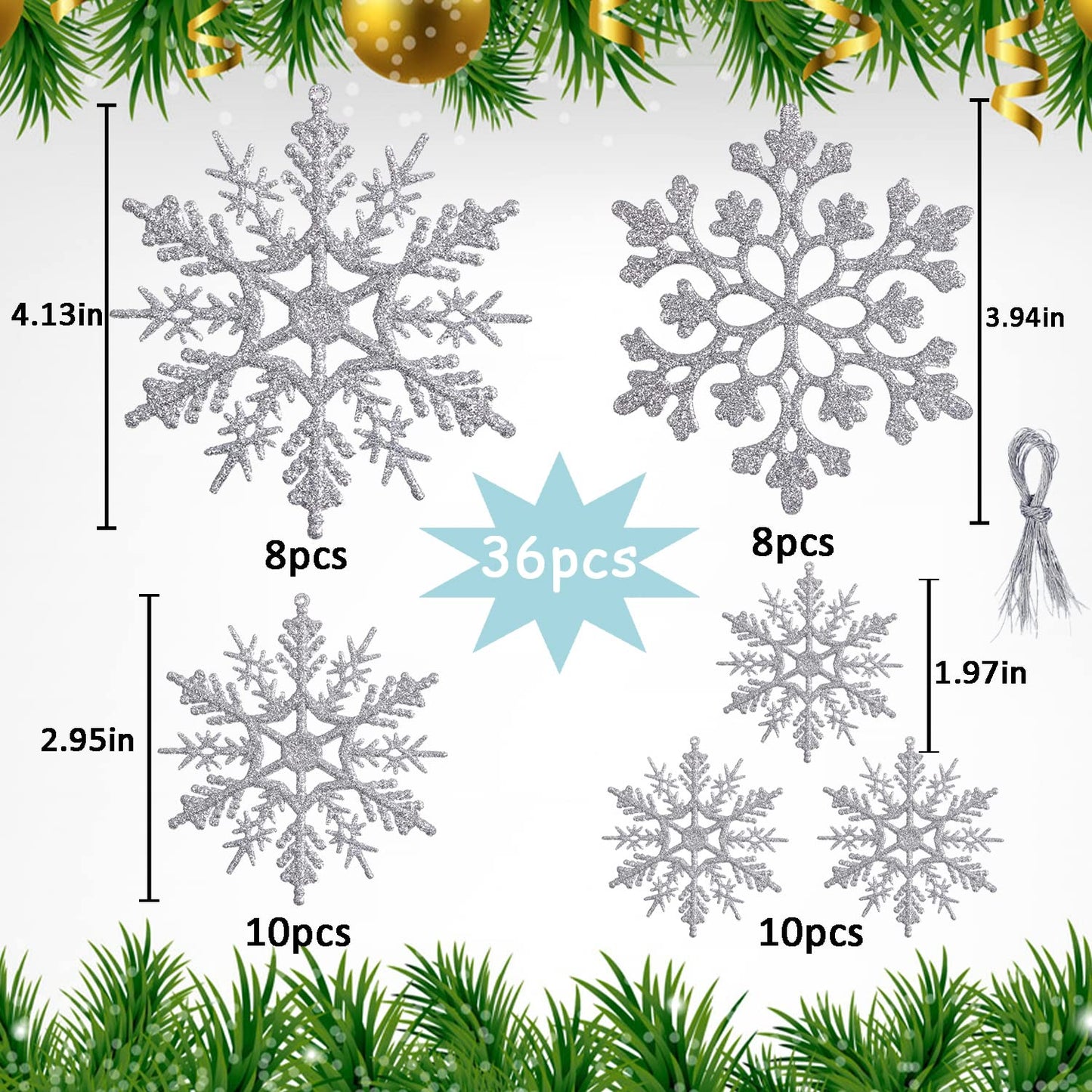 36 Pack Silver Snowflake Ornaments Plastic Glitter Snow Flakes Ornaments for Winter Christmas Tree Decorations Size Varies Craft Snowflakes