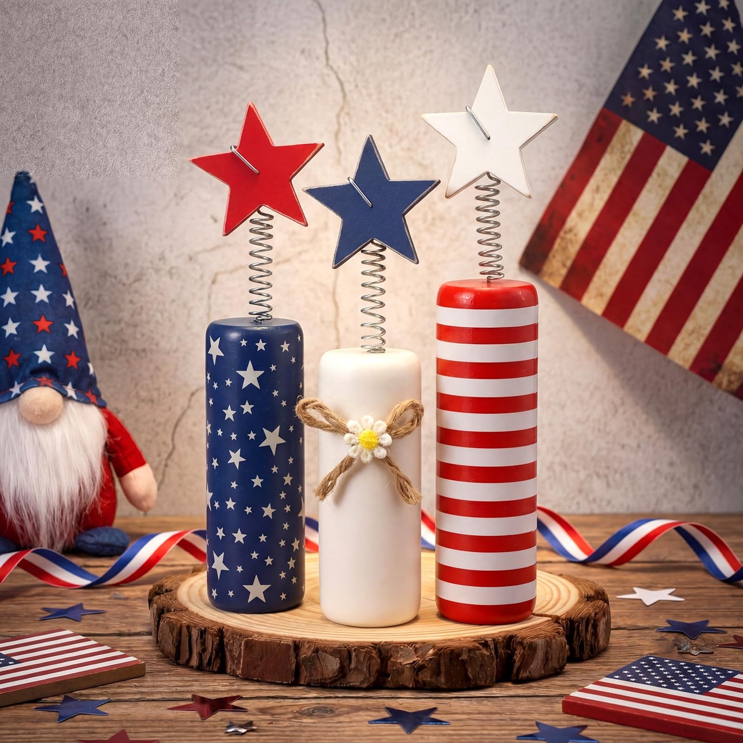 Qunclay 3 Pcs 4th of July Table Decor Firework Tiered Tray Decor Patriotic Memorial Day Table Centerpieces Red White Blue Wood Stars 250th Anniversary Rustic Farmhouse Decoration for Independence Day
