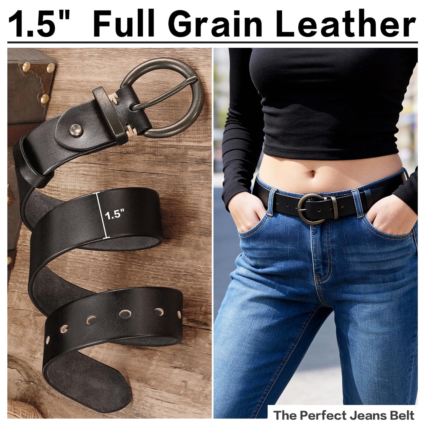 wolksprong Women's 1.5 inch Leather Belt with Large Brass Buckle - Trendy Vintage Style for Jeans and Pants