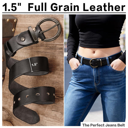 wolksprong Women's 1.5 inch Leather Belt with Large Brass Buckle - Trendy Vintage Style for Jeans and Pants