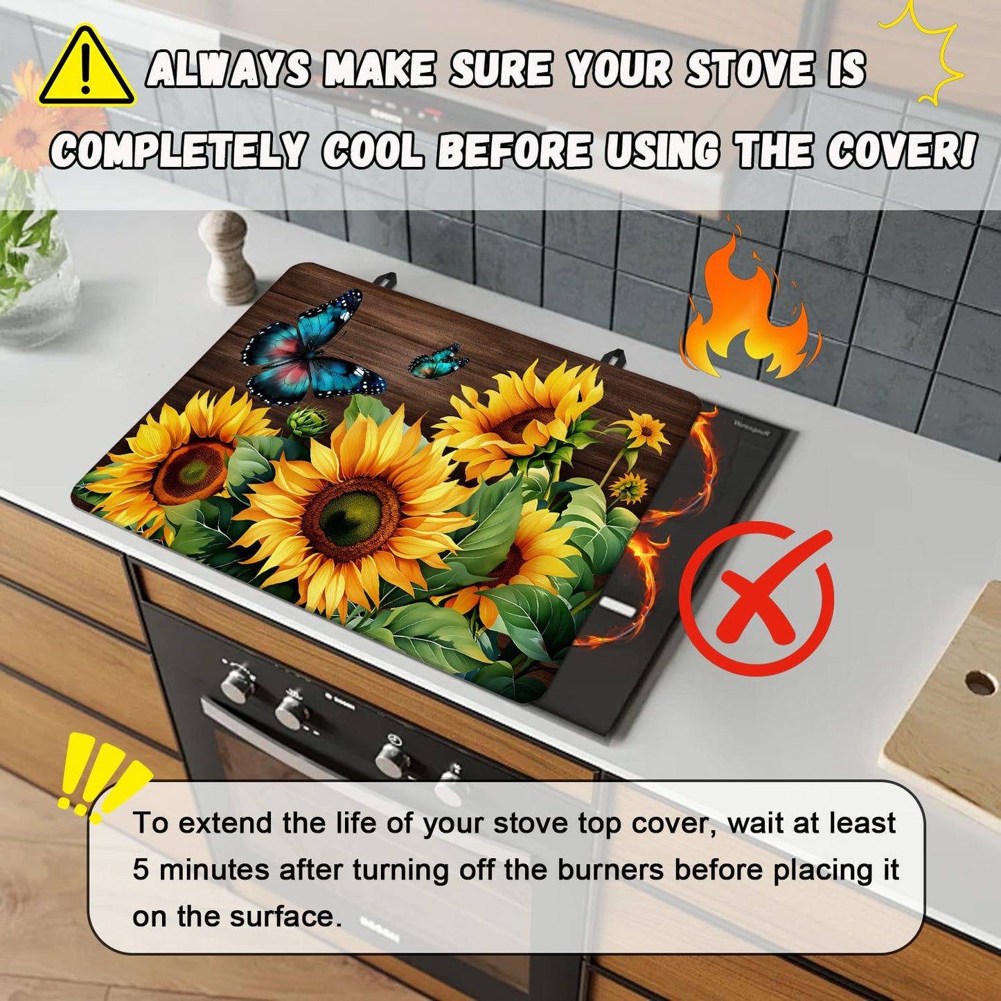 Sunflower Stove Top Cover for Electric Stove, Blue Butterfly Range Covers, Yellow Flower Range Top Mats, Spring Summer Cooktop Cover 28x20 inch, Glass Cooktop Covers for Kitchen Holiday Home Decor