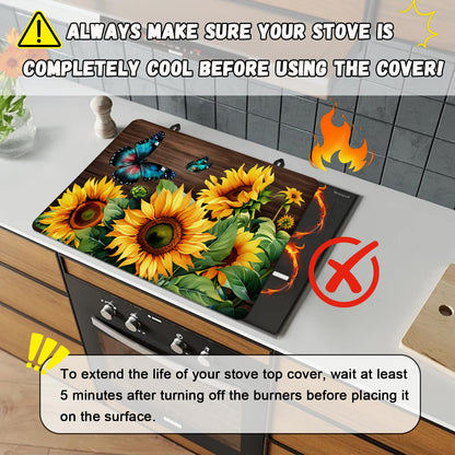 Sunflower Stove Top Cover for Electric Stove, Blue Butterfly Range Covers, Yellow Flower Range Top Mats, Spring Summer Cooktop Cover 28x20 inch, Glass Cooktop Covers for Kitchen Holiday Home Decor