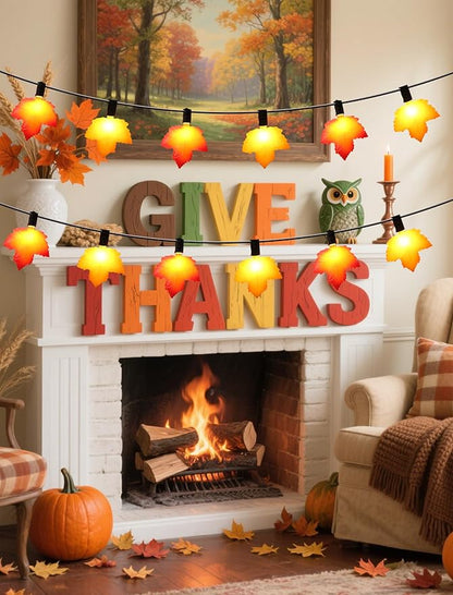 10.5 FT Lighted Fall Garland, Energy-Efficient LED Maple Leaf String Lights (UL Certified) for Thanksgiving & Halloween Mantle Decor