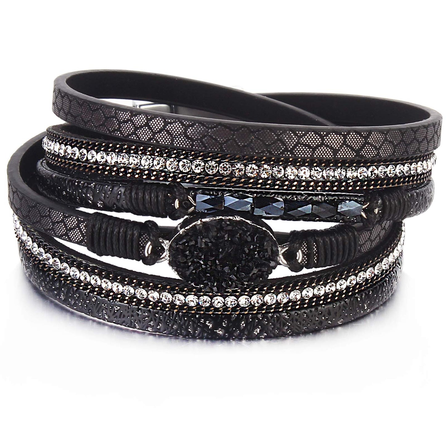 FANCY SHINY Boho Leather Wrap Bracelet Stackable Chunky Crystal Cuff Bracelets with Magnetic Clasp Cowboy Cowgirl Western Summer Beach Outfits Jewelry Gifts for Women (14.7", Black)