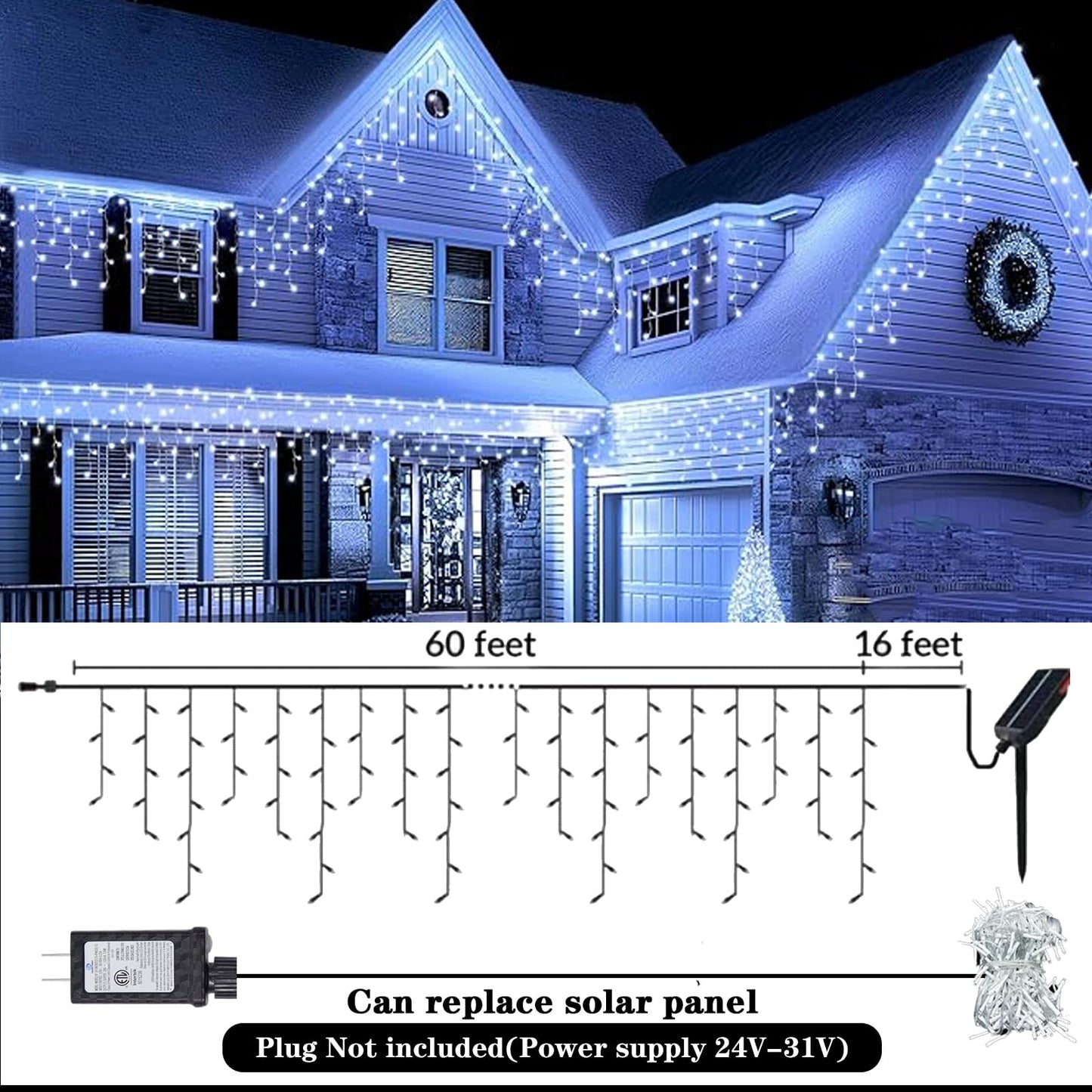 Aolupal Upgraded 640LED Solar Christmas Icicle Lights Outdoor Waterproof,60+16FT 13 Modes & USB Rechargeable Solar Powered Icicle Light for Roof House Yard Christmas Outdoor Decoration (Cool White)