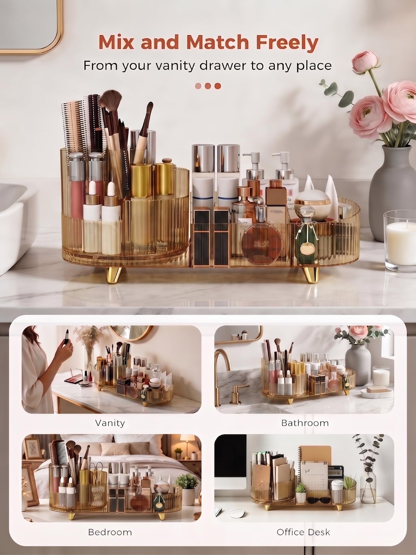 Booklov Rotating Makeup Organizer for Vanity, Large Capacity Cosmetic Display Case, Clear Acrylic Countertop Beauty Storage Holder for Skincare, Brush Eyeshadow Lipstick, Counter Desk, Crystal Amber