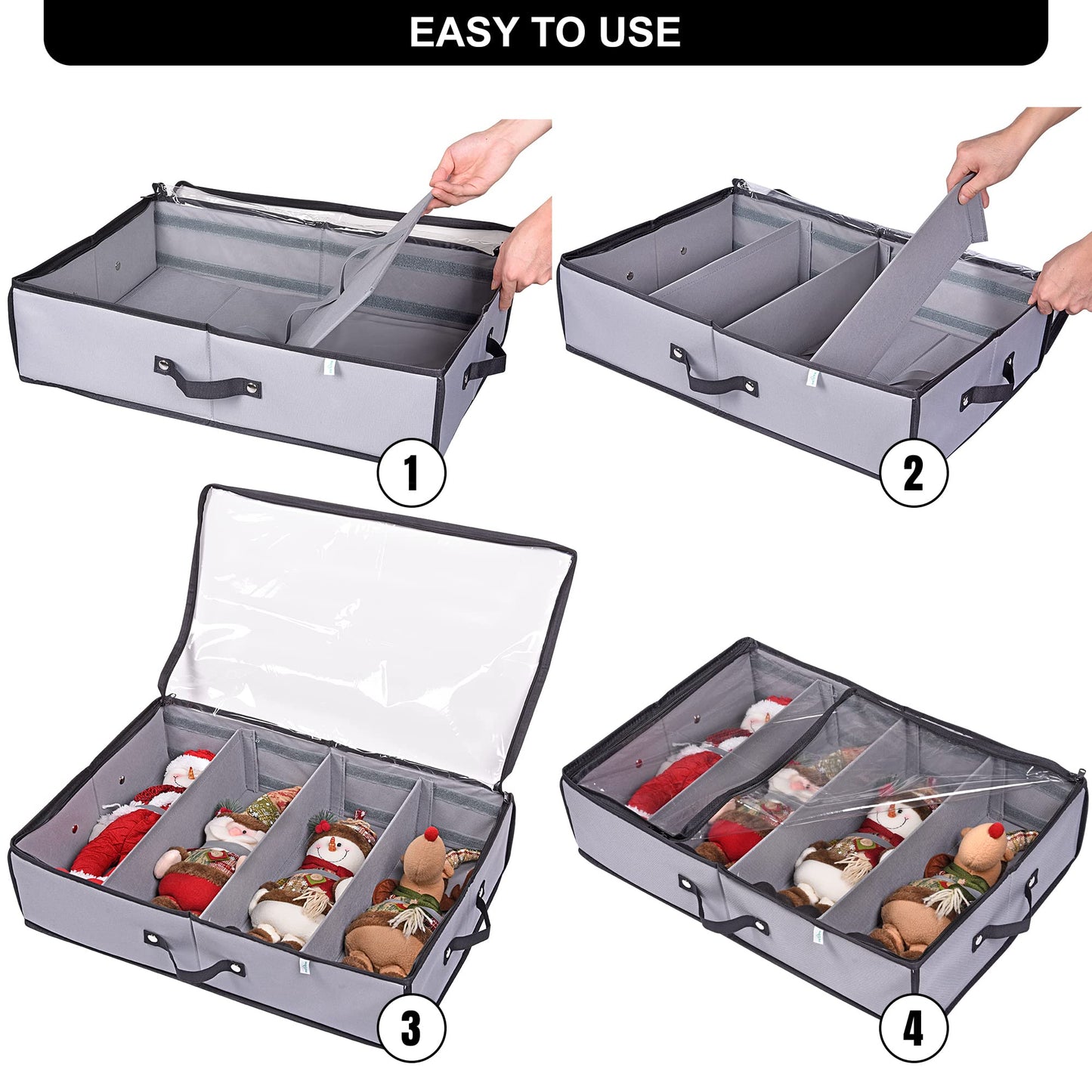 ProPik 2 Pack Christmas Figures Storage Box | Each Holds 4 Holiday Figurines up to 16” | Adjustable Nutcracker Decor Ornament Storage Container | Xmas Decorations Accessories Boxes (Gray)