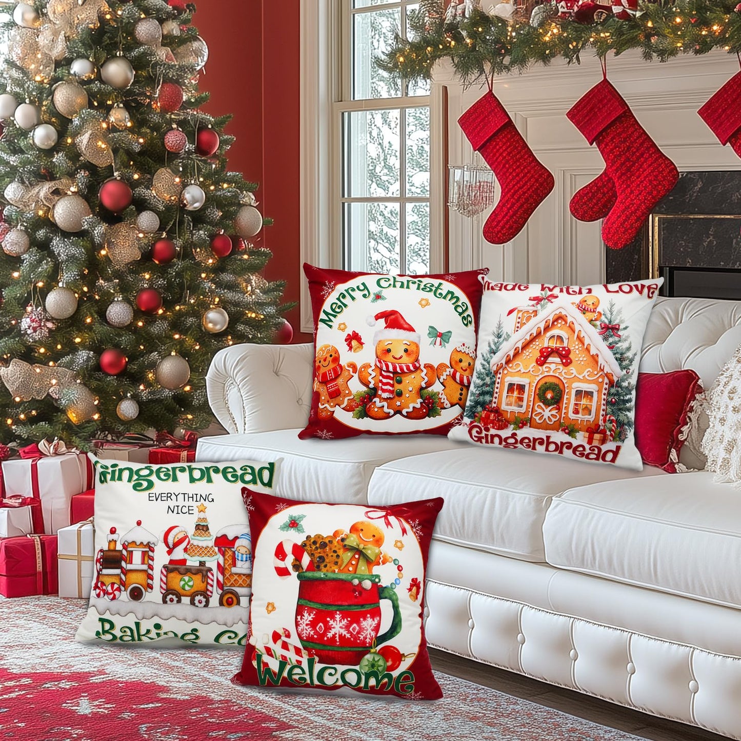 Mocsicka Christmas Gingerbread House Pillow Covers 18×18 Inch, Gingerbread Man House Bakery Throw Pillow Covers Xmas Holiday Cushion Case for Sofa Couch Bed Home Decorations Set of 4