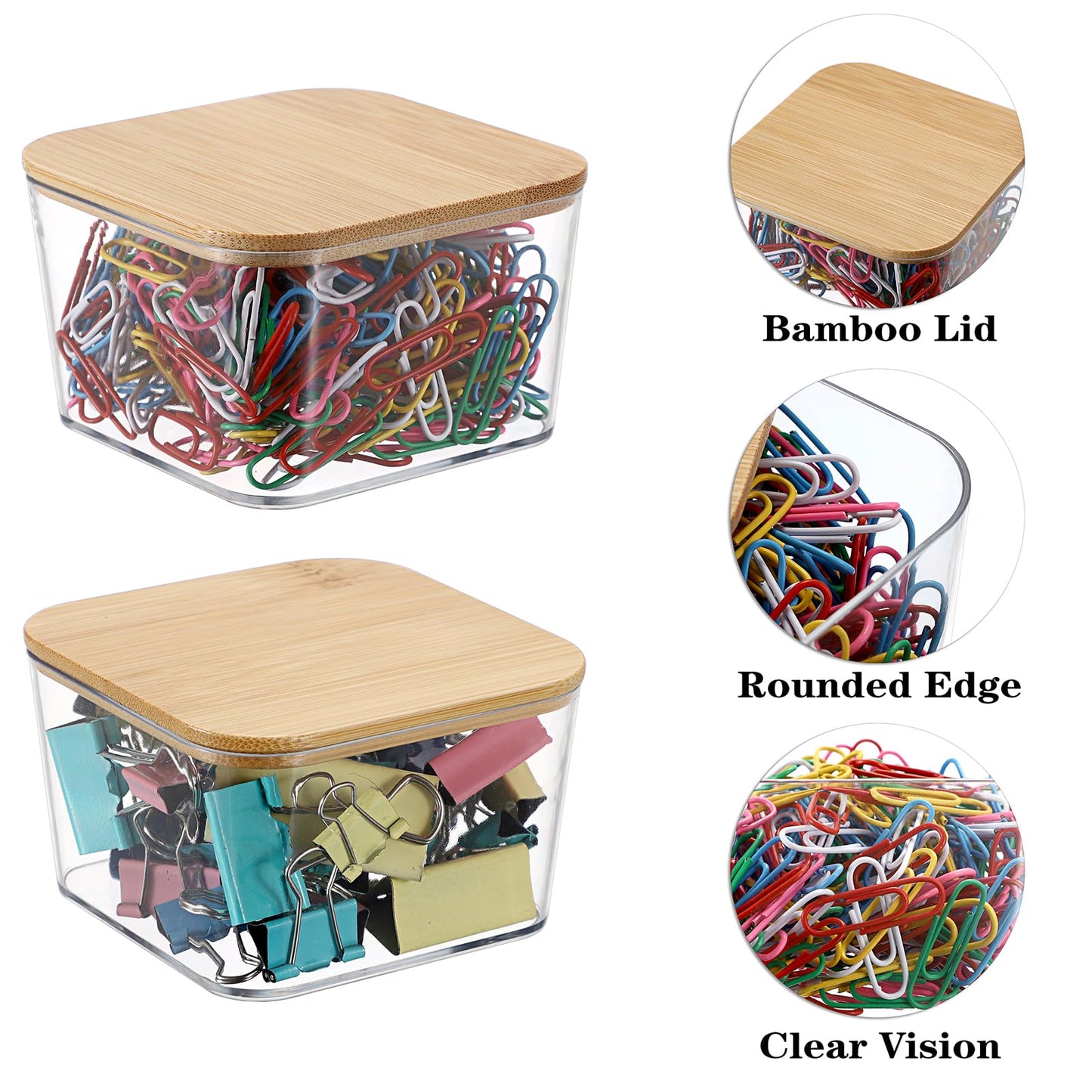 BTSKY 4 Pack Clear Stackable Paper Clip Holder with Bamboo Lid Paperclip Box Plastic Cute Office Supply Accessory Organizer Square Small Storage Holder Cute Qtip Holder for Office Bathroom Vanity