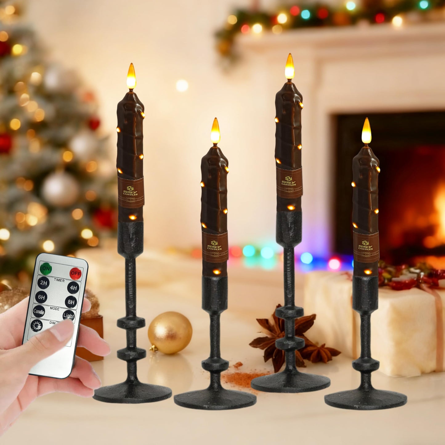 6.5 Inch Brown Flameless Taper Candles - 4 Pack Handmade Real Wax LED String Surface Candles with 10 Key Remote Timer Battery Operated LED Taper Candle for Thanksgiving Christmas Holiday Decor