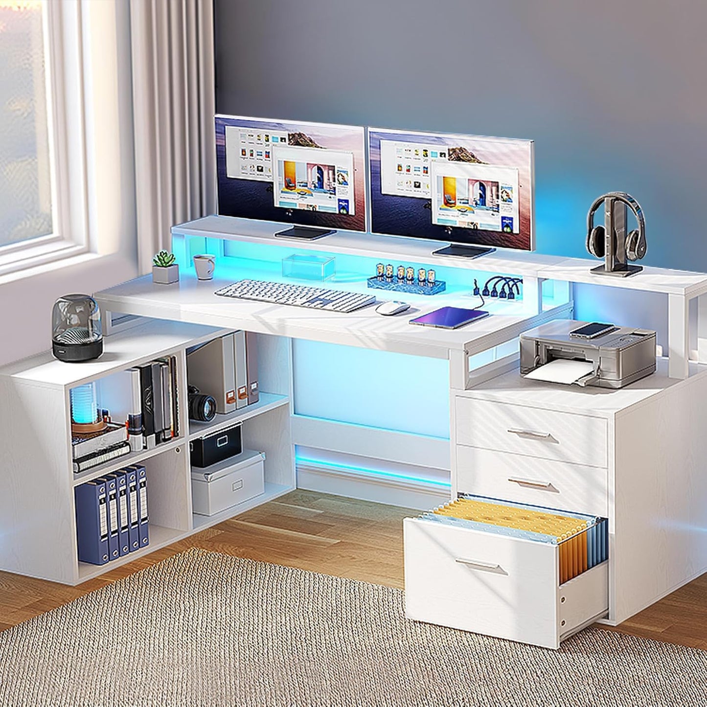 DWVO L Shaped Desk with Drawers, 65" Computer Desk with Power Outlets & LED Lights, Corner Home Office Desk with Storage Shelves & Printer Stand, White