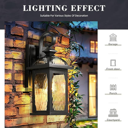 zeyu 2 Pack Outdoor Wall Lamps, 15-inch Black Exterior Light Fixtures for Patio House, Die-Cast Aluminum with Water Ripple Glass, Black Finish, ZD100B-2PK BK-WP