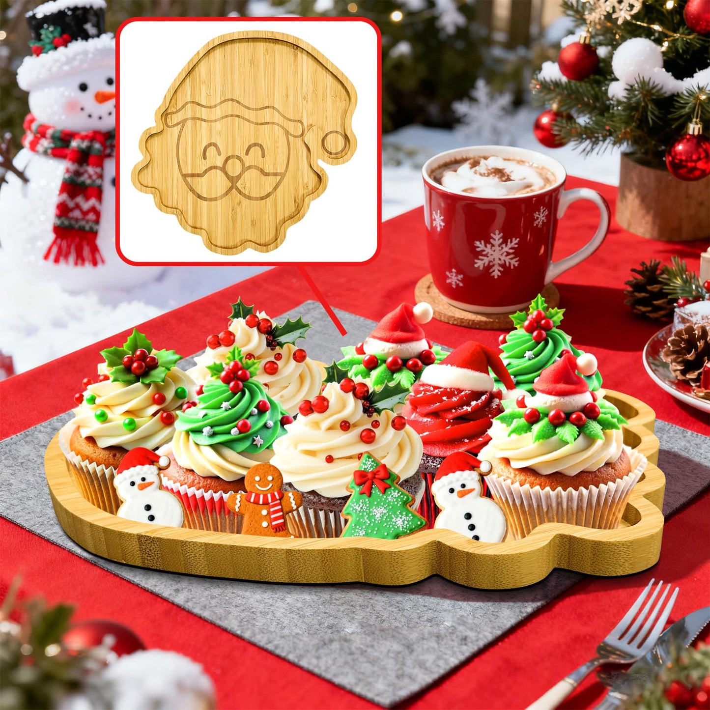 Barri Design Christmas Charcuterie Board Santa Claus Platter Large Wood Xmas Serving Tray Party Decorative Tray Bamboo Wooden Cheese Appetizer Tray Snack Food Dish for Christmas Party Supplies