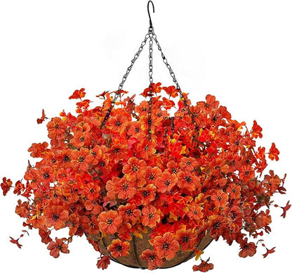 Artificial Fall Flowers with Hanging Baskets Outdoors for Decoration Faux mums for Outdoor planters Fake Mums Artificial Hanging Plants UV Resistant for Autumn Porch Home Patio Decor (Harvest Orange)