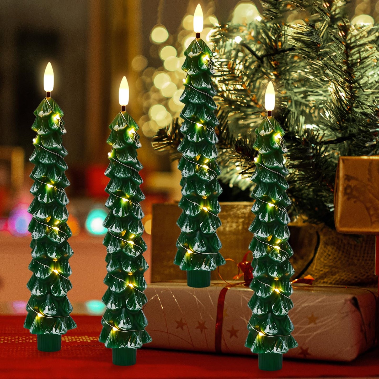KunSwenn Christmas Tree Candles with Remote, Snowy Waxy Christmas Tree Flameless Taper Candles Battery Operated with String Lights, Set of 4 LED Tree Candlesticks for Xmas Winter Décor