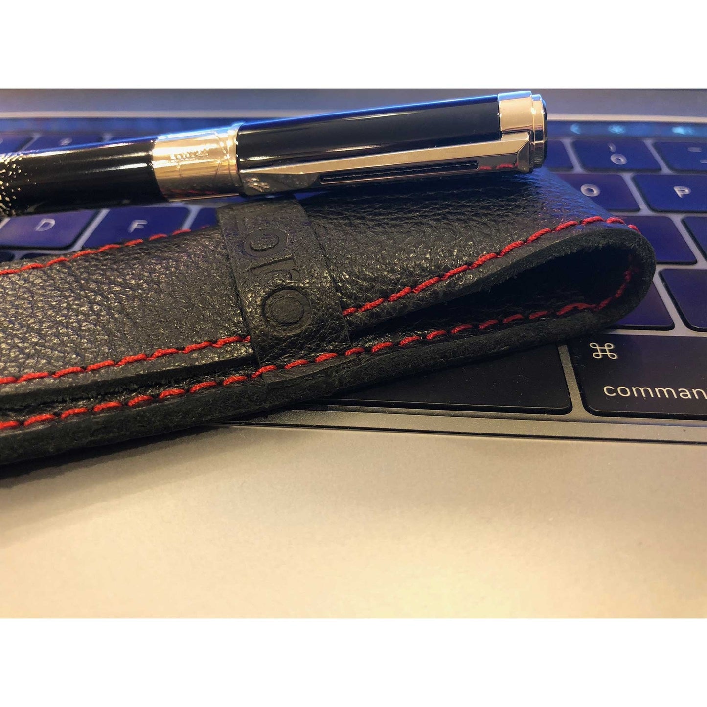 DiLoro Full Grain Leather Single Pen Case Holder Pouch Pencil Organizer (Buffalo Black w Red)