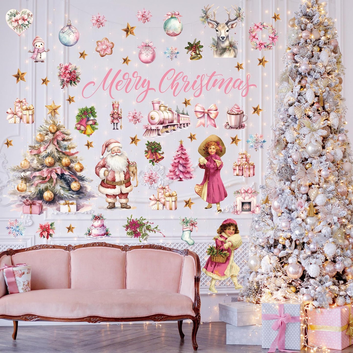 Pink Christmas Wall Decal Merry Christmas Wall Sticker Removable Christmas Tree Santa Girl Wall Decals Decor for Winter Christmas Holiday Party Supplies Home Window Decor
