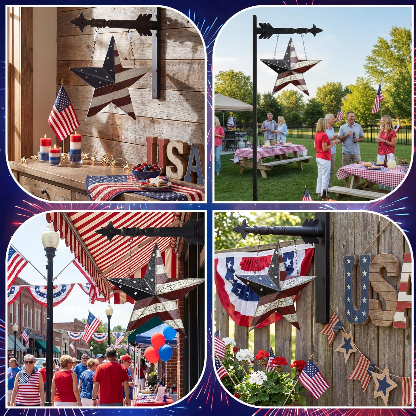 Bucherry 14 Inch Americana Star Arrow Replacement Sign Patriotic Porch Decoration 4th of July Outdoor Yard Decor Resin White Blue Red Hanging Sign for 4th of July Independence Day 250th Anniversary