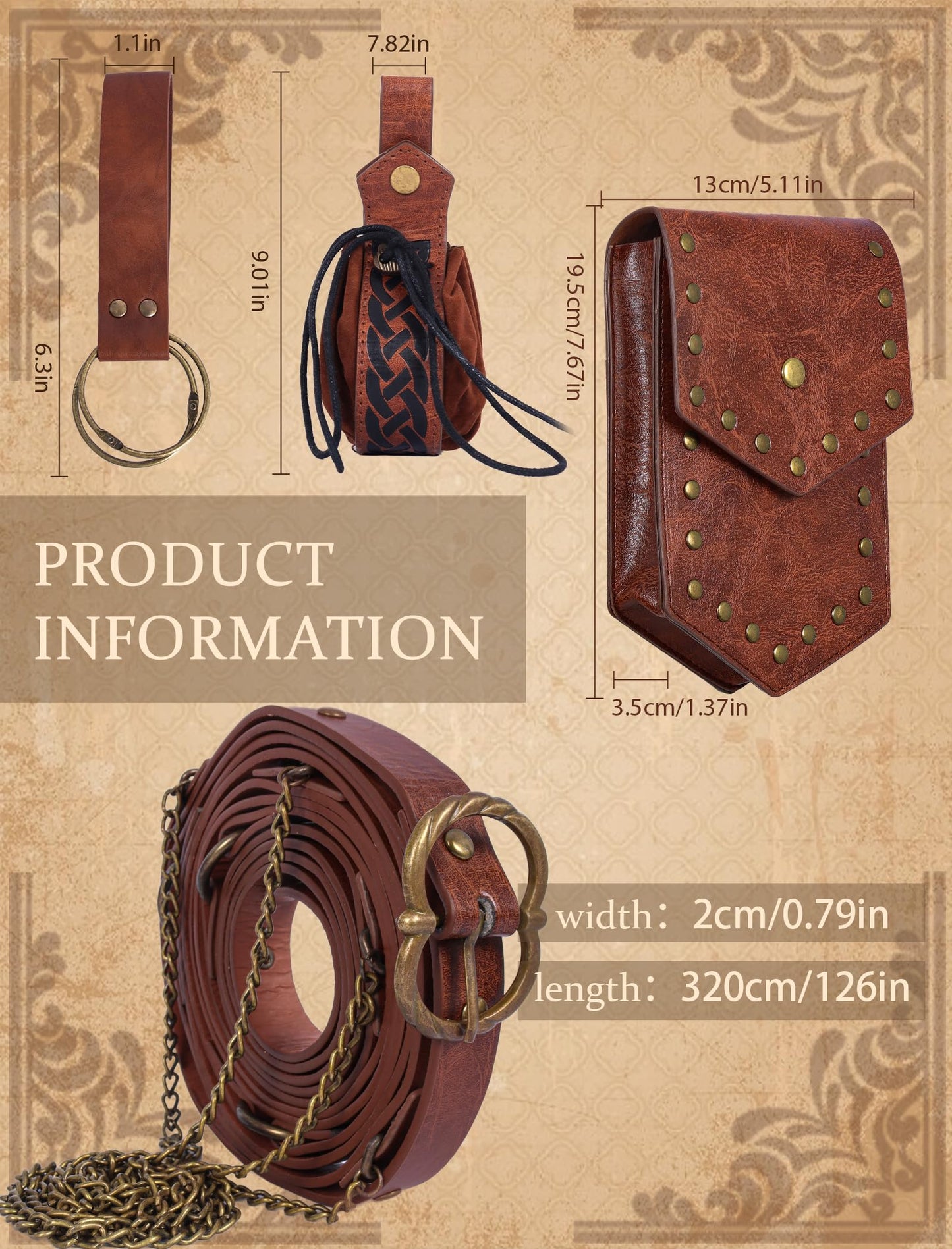 Minhuida Medieval Belt with Renaissance Bag & Detachable Chains, Vintage Faux Leather Waist Pouch Dresses Belt Halloween Cosplay Costume Accessorie