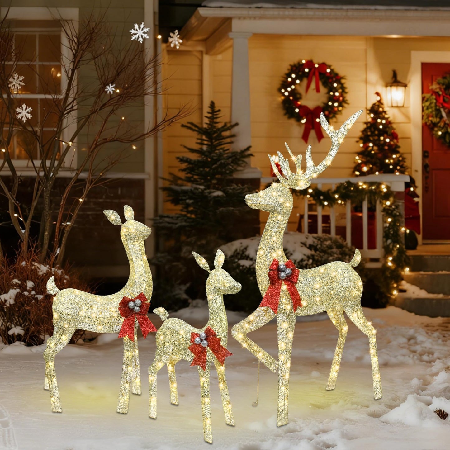 winemana 5ft Reindeer Christmas Outdoor Decorations, Set of 3 Extra Large Deer Yard Decor- Lighted 3D Reindeer Family Set for Outside Lawn Garden Xmas Holiday Party Decor (Gold)