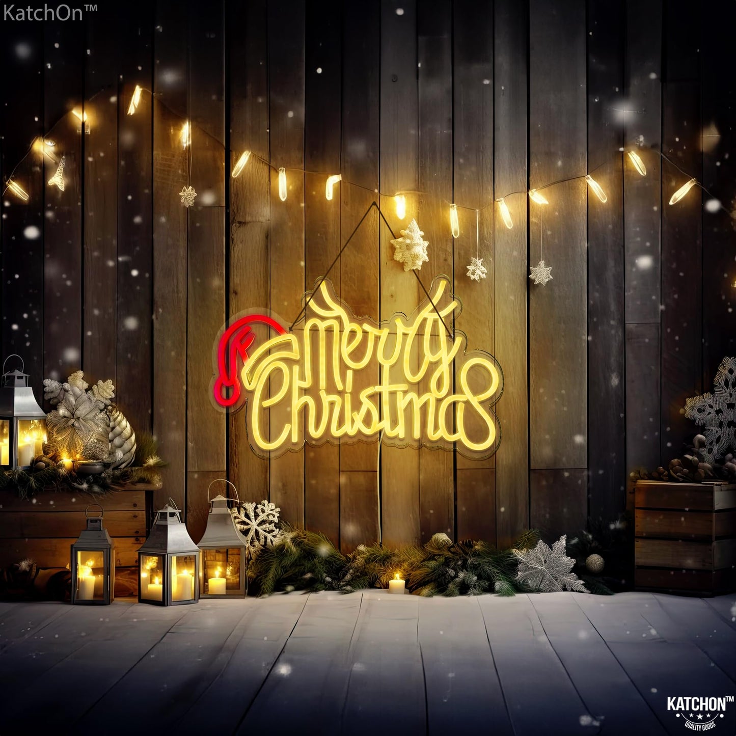 KatchOn, Large Merry Christmas Neon Signs - 16x10 Inch | Window Christmas Decorations Indoor | Xmas Party Decorations, Holiday Decor | Santa Hat Sign USB Powered LED Lights