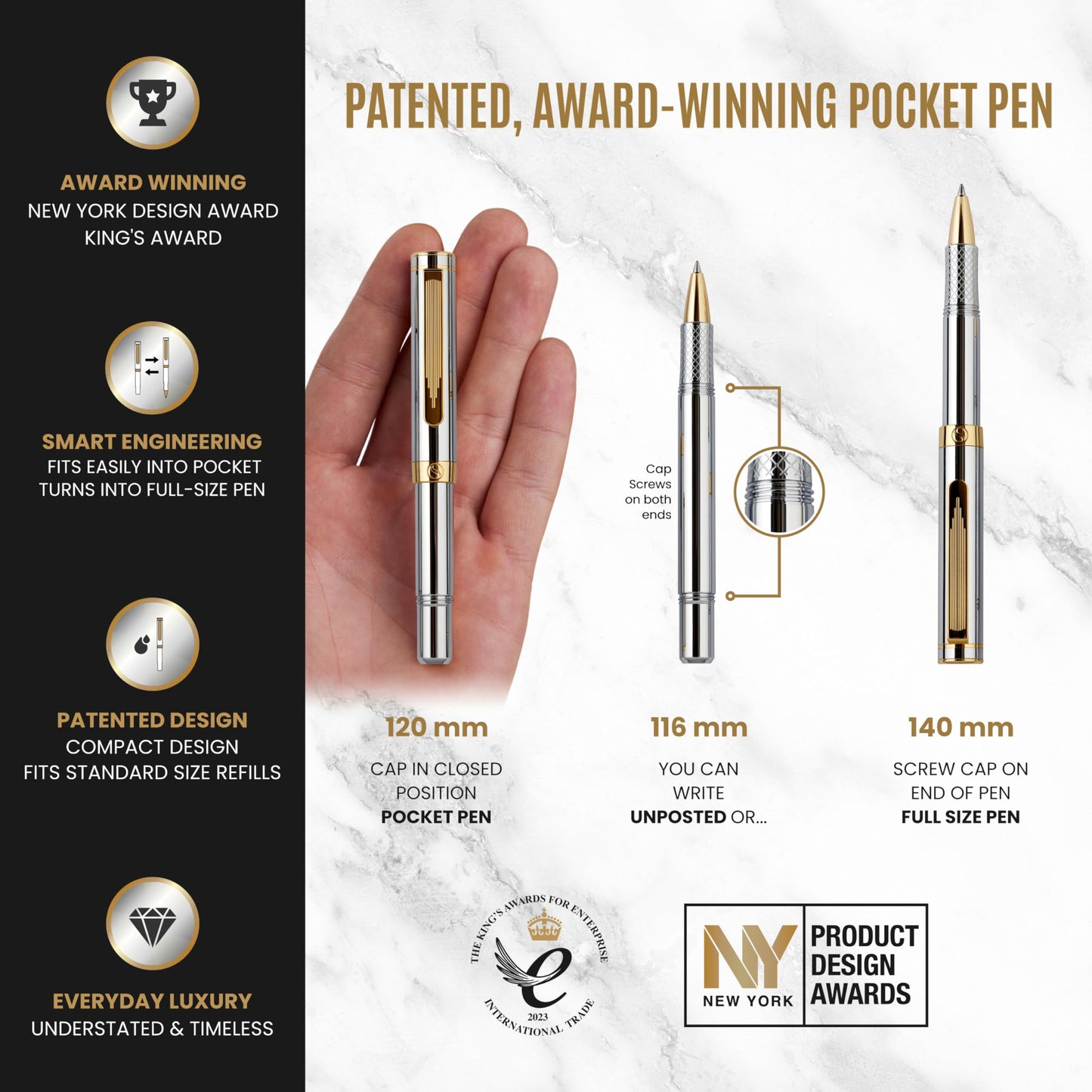 Scriveiner Silver Chrome Rollerball - Award-Winning Heavy Pocket Stunning Luxury Pen, Real Gold Finish, German Schmidt Refill, Best EDC Writing Gift Set for Men & Women, Fancy Designer EDC Roller ball