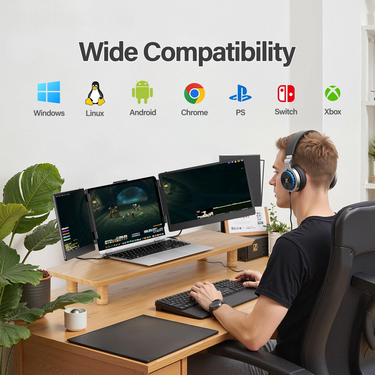 Laptop Screen Extender, 14'' FHD 1080P IPS Ultra-Thin Dual/Triple Monitor Display, HDMI/USB-C Plug-Play Portable Monitor for Laptop, Built-in Speakers(Mac, Win, Android)