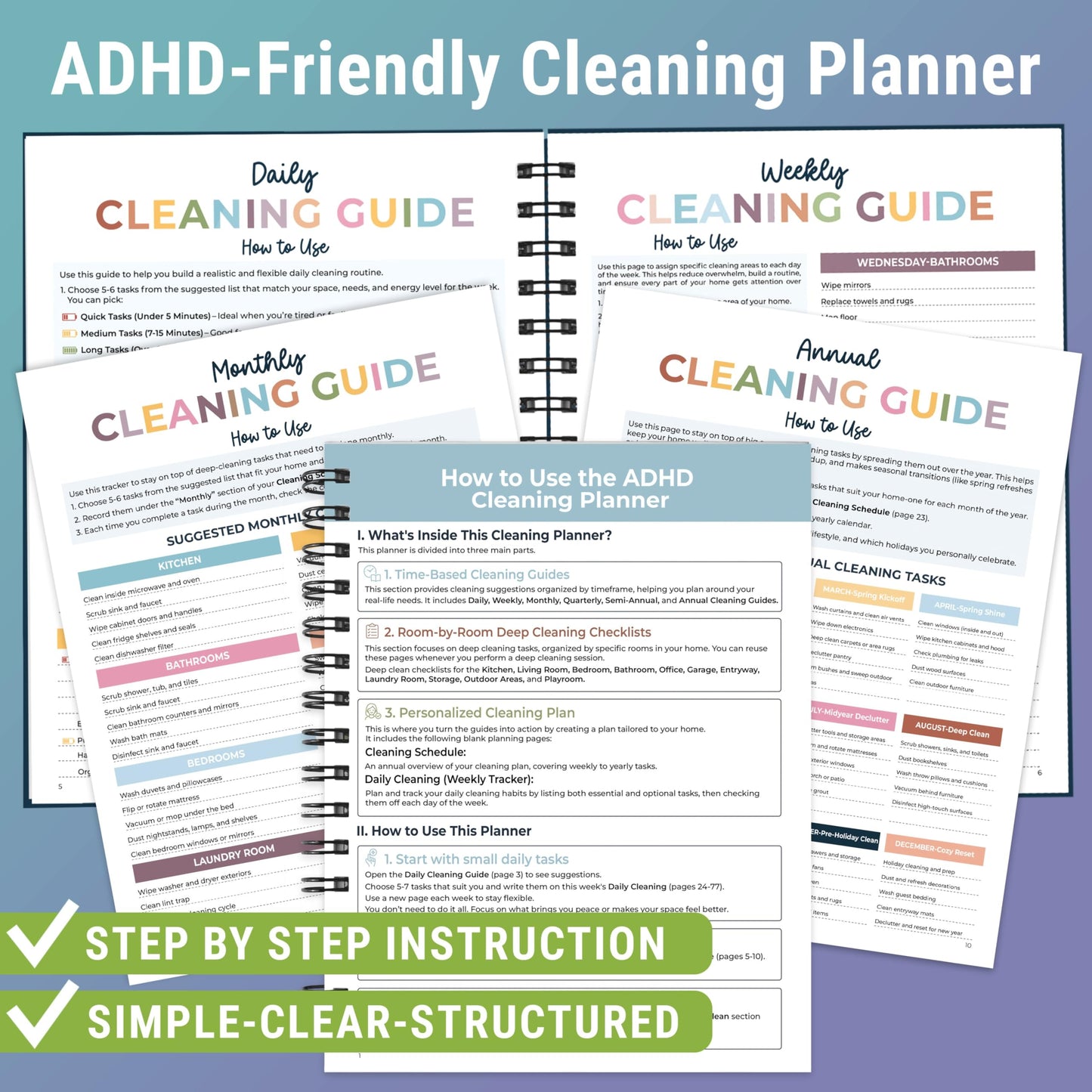 BLOOMOST ADHD Cleaning Planner - Cleaning Schedule and Checklist Organizer for Adults and Teens - Daily, Weekly & Monthly Household Cleaning Checklist for ADHD Minds - Stress-Free Housework
