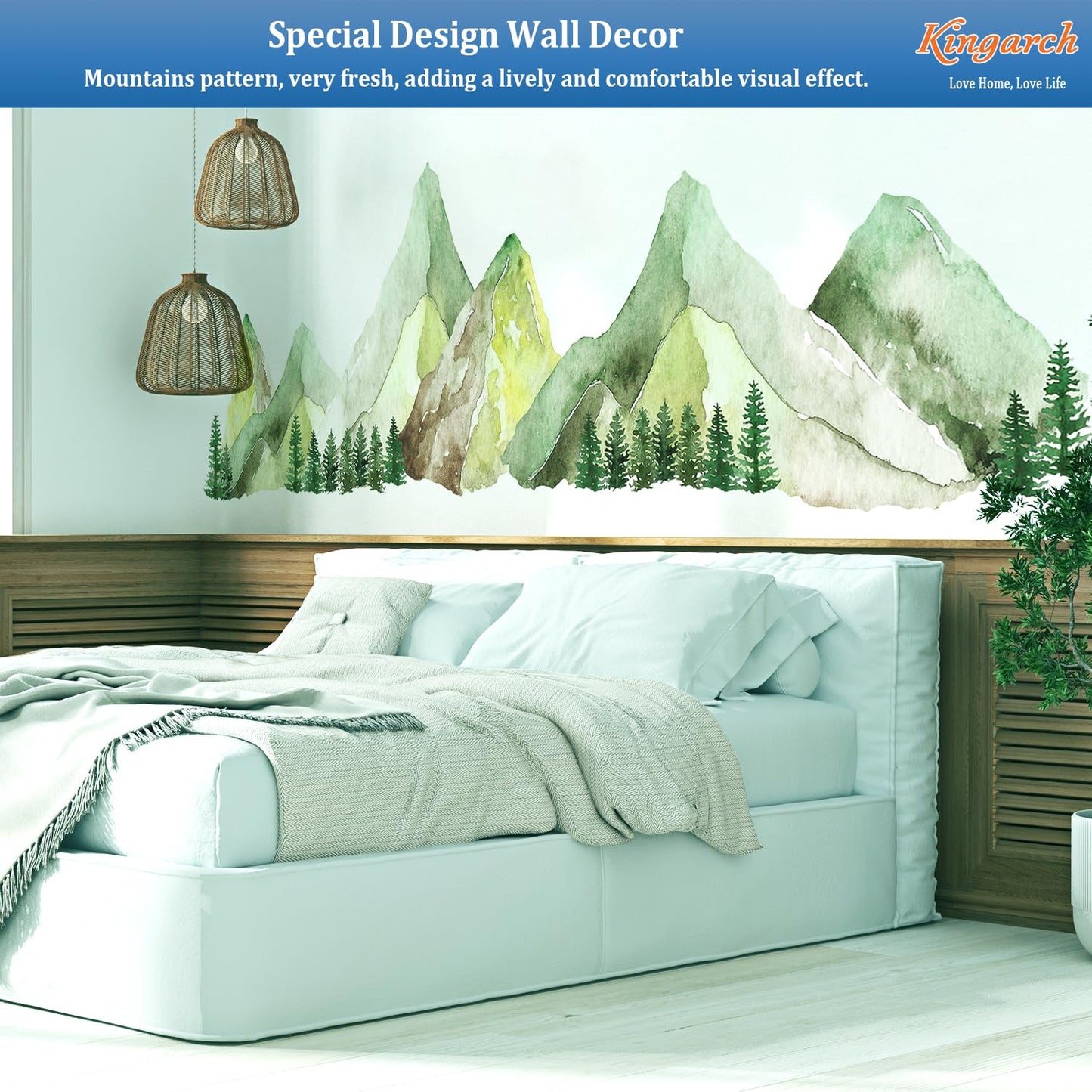 Large Mountain Wall Decals, Green Pine Tree Peel and Stick Vinyl Wall Stickers & Murals, Removable Home Room Wall Decor for Bedroom Living Room Bedroom Classroom Office Nursery