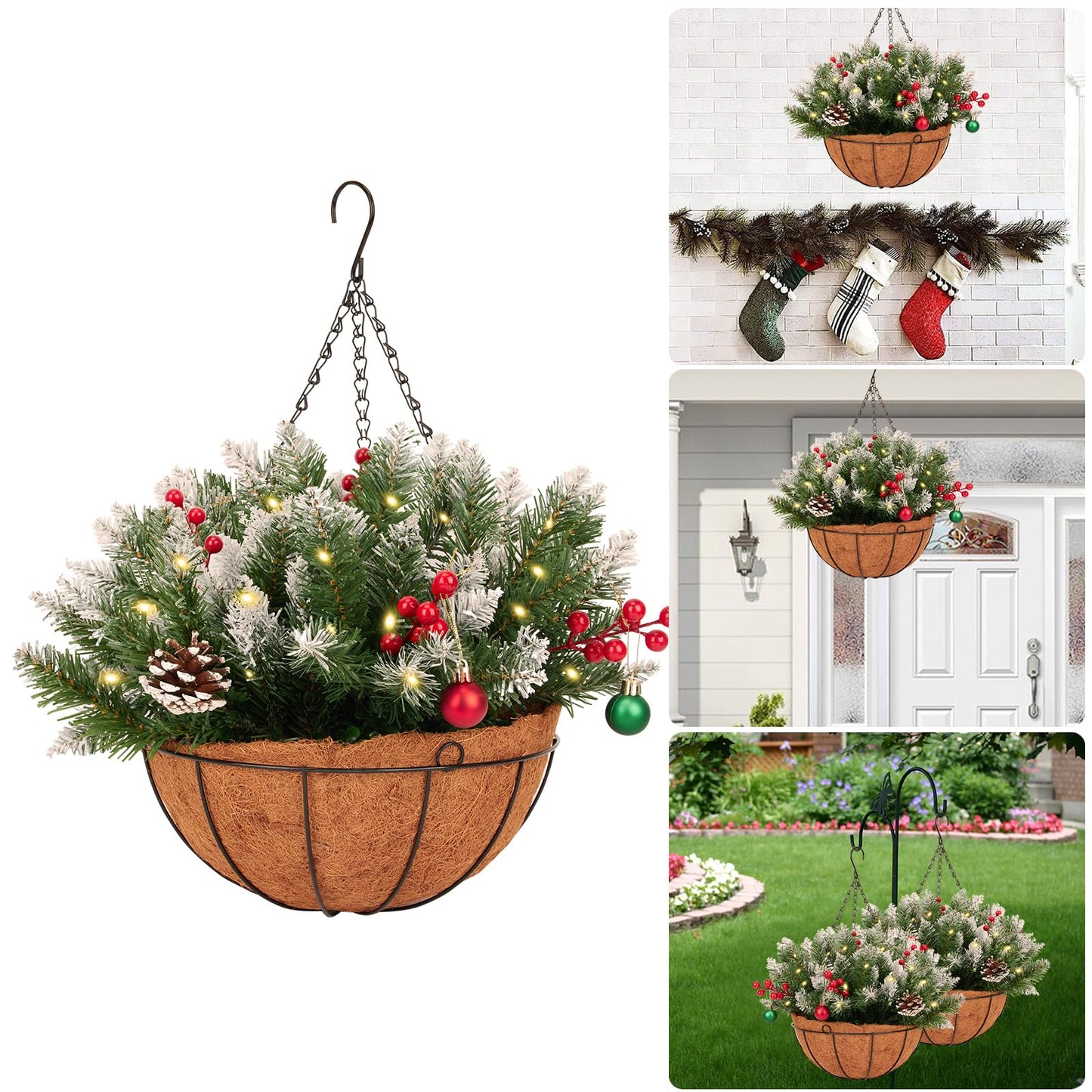 XUESON Artificial Christmas Hanging Basket with Pine Cones, Berries, and Snowflakes - Realistic Holiday Decor for Porch, Door, Home 20 Inch (2PCS)
