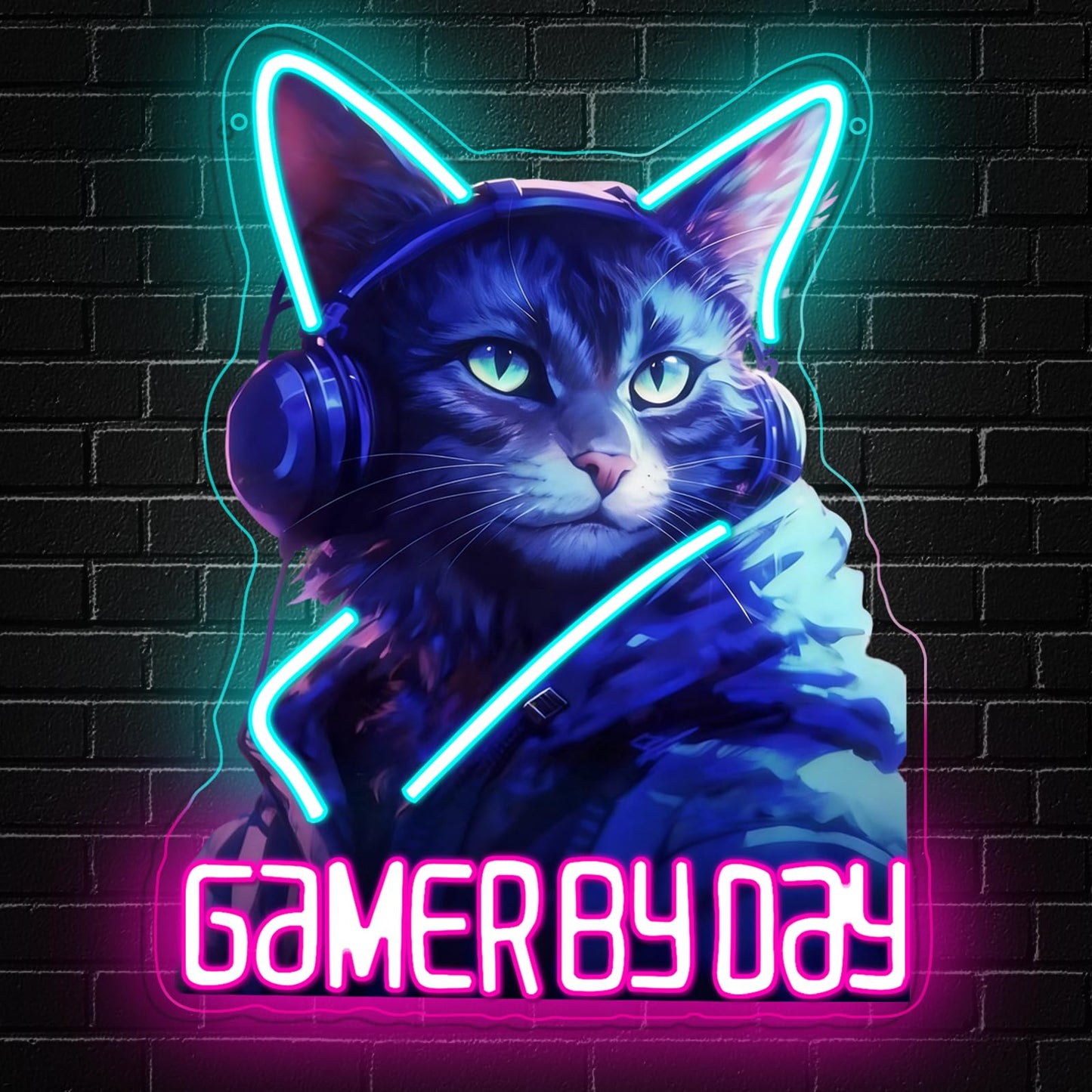 RuCvixkt Gamer By Day Cat Neon Sign, Cool Gaming Cat LED Light, Neon Signs Wall Decor for Game Room, Man Cave, Bedroom, Bar, Gift for Boys Girls Birthday Party Christmas