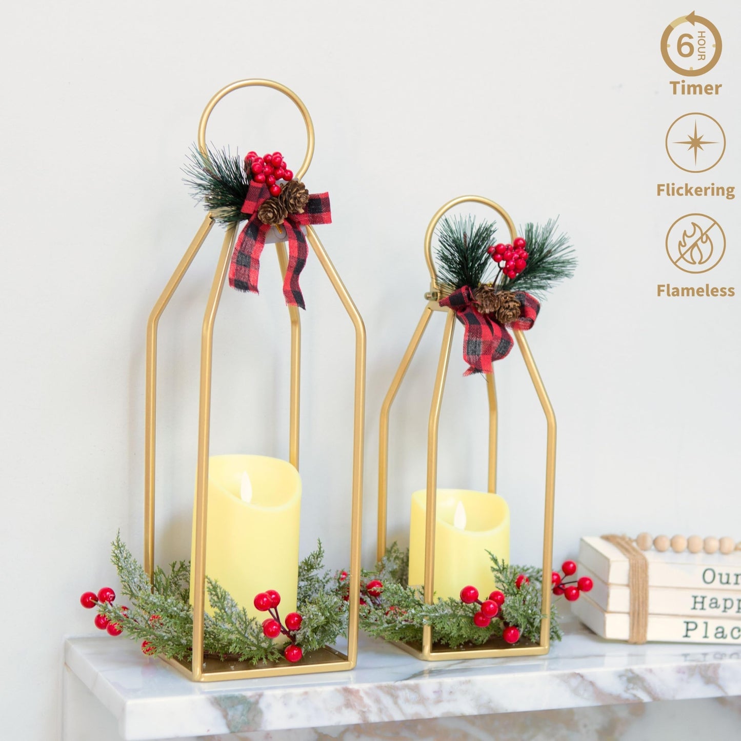 Perfnique Modern Farmhouse Lantern Decor, 15'' 12.6'' Set of 2 Gold Metal Lanterns, 2 LED 6hr Timer Flameless Candles ＆ Remote Timer, Lanterns Decorative for Outdoor, Porch, Fireplace, Patio