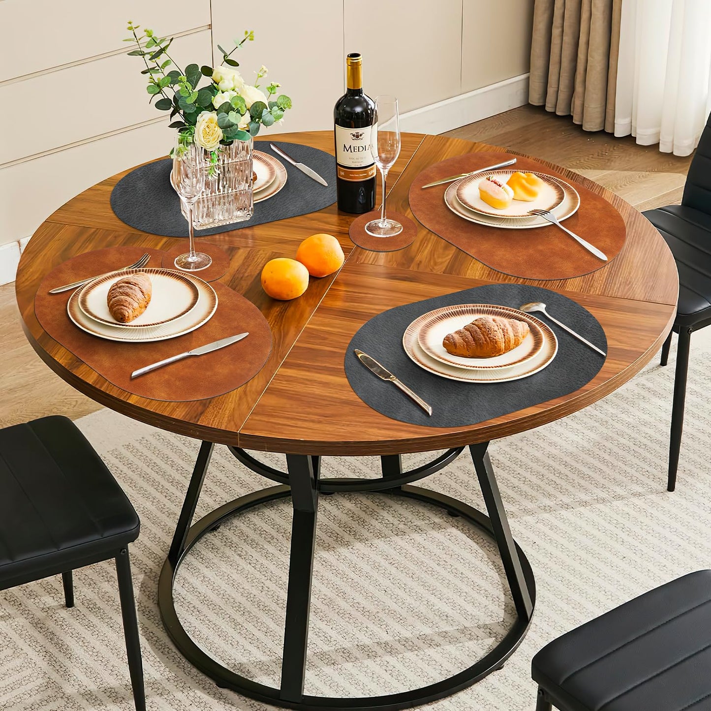 Pixieora Oval Placemats and Coasters Set of 6, Washable Reversible Faux Leather Placemats Cowhide Pattern Place Mats Wipeable Non-Slip 12 x 17 inch Kitchen Dining Table Mats (Gray Brown, 6)