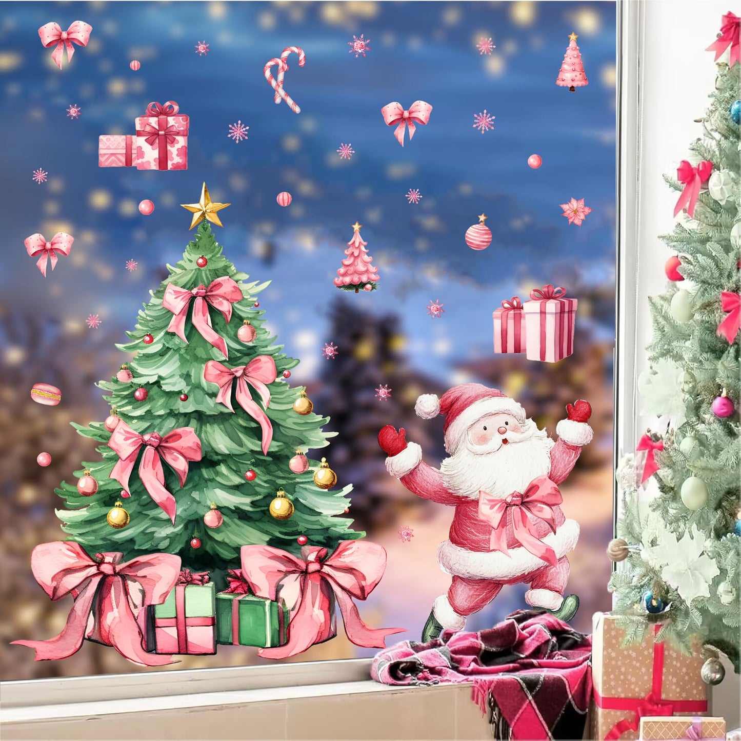 Christmas Decoration Window Decals Pink Bow Xmas Tree Window Clings Indoor Decor Removable Santa Claus Static Cling for Glass Double-Sided Snowflake Glass Sticker for 2026 New Year Living Room Supply