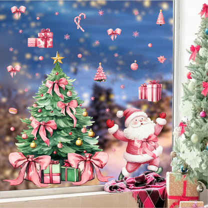Christmas Decoration Window Decals Pink Bow Xmas Tree Window Clings Indoor Decor Removable Santa Claus Static Cling for Glass Double-Sided Snowflake Glass Sticker for 2026 New Year Living Room Supply