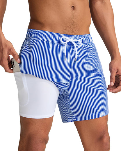 maamgic Mens Swim Trunks with Compression Liner 5 Inch, Quick Dry Bathing Suit with Zipper Pockets, Stretch No-Chafing Swim Shorts, Blue White Stripe Medium