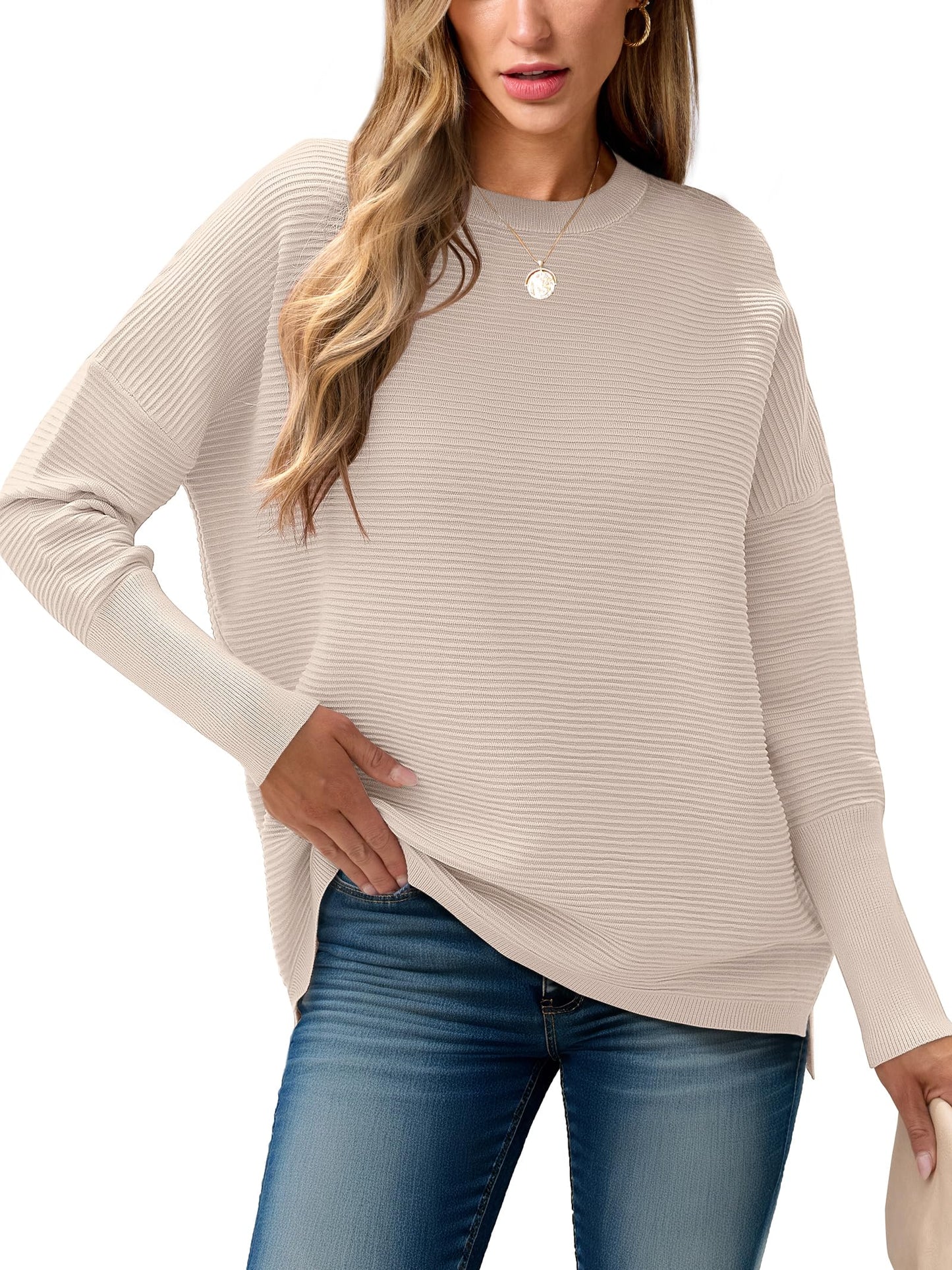 ANRABESS Womens Oversized Batwing Long Sleeve Ribbed Knit Sweaters 2025 Fall Outfits
