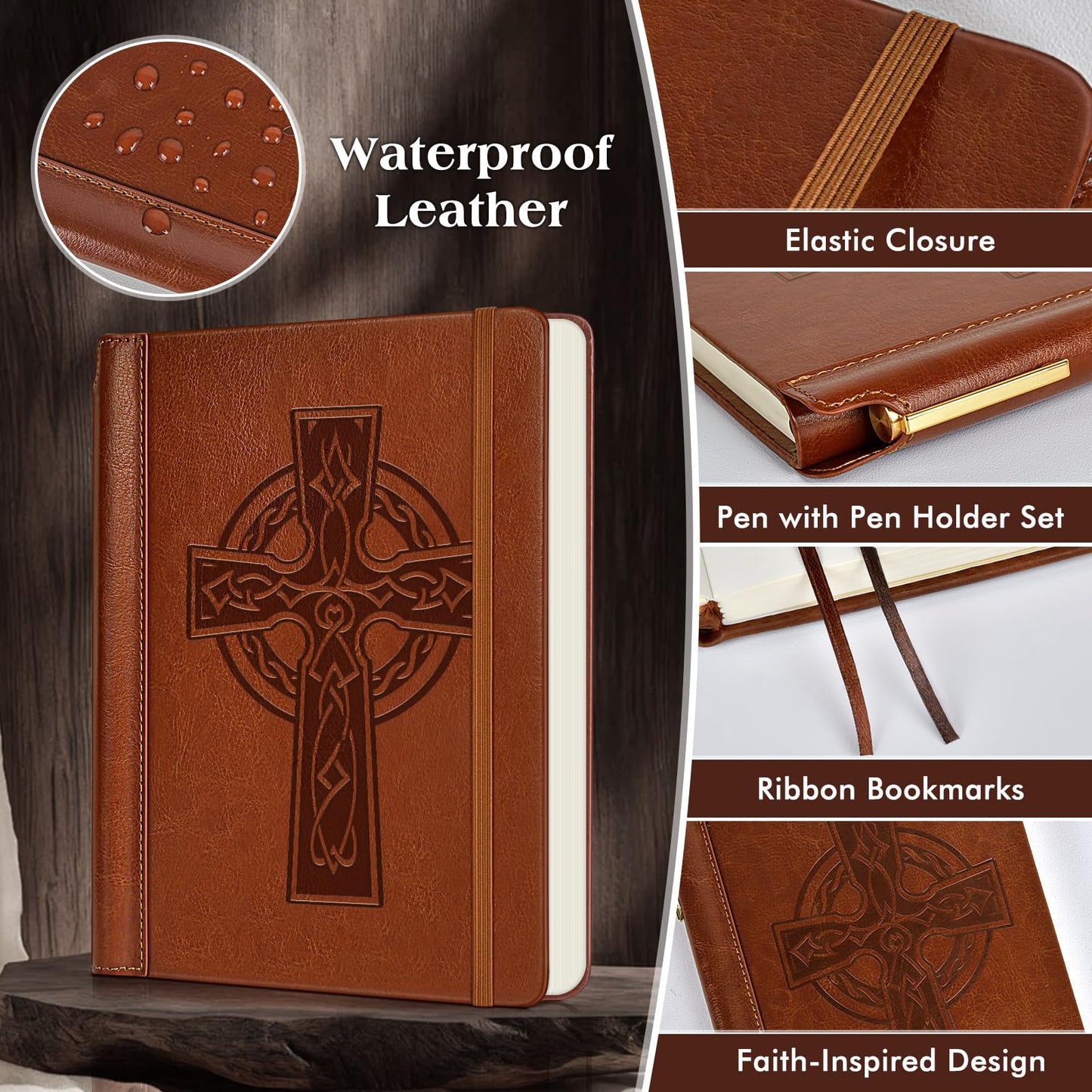 Leather Christian Bible Journal for Men Women, Undated Prayer Journal for Scripture Study & Daily Devotional, Church Notes Notebook, Jesus Religious Faith Gifts for Pastor, Graduation, Baptism (Cross)
