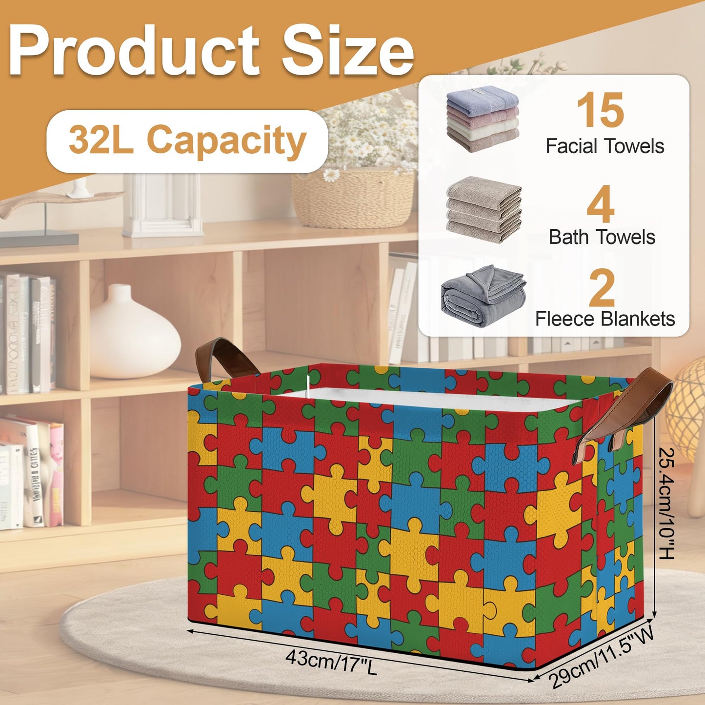 Oeaskly Storage Bins with Handles, Oxford Cloth Storage Basket with Sturdy Frame, Jigsaw Collapsible Organizer for Closet, Shelf, Clothes, Towels, Home Storage