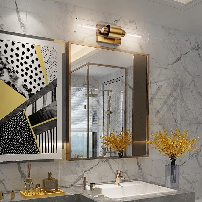 Tipace Bathroom Vanity Light Fixtures,Indoor Gold Wall Lights with Clear Glass,Modern Wall Sconces Up and Down Wall Mount Lamp for Bathroom,Bedroom,Hallway,Kitchen(Bulb not Include)