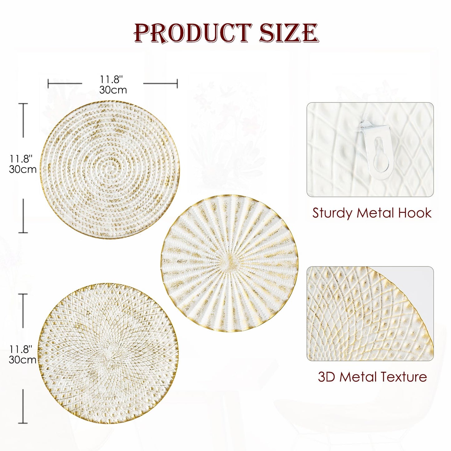 Briful 12" Wall Décor Pack of 3 Metal White Washed Starbursts Radial Plate Wall Art Modern Accent Hanging Wall Decorations For Home Office Bedroom Or Living Room Wall Sculptures