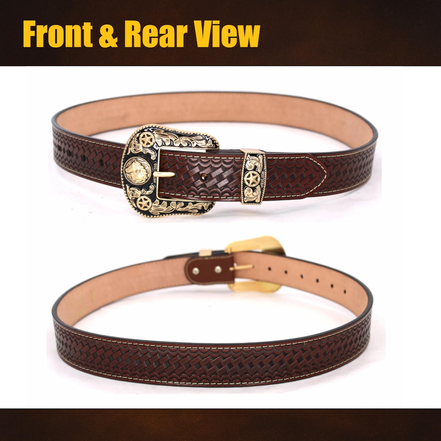 West Star Texas Cowboy Belt for Men - Genuine Leather Western Belt with Engraved Buckle, Country Rodeo Style (Coffee Basketweave, M)
