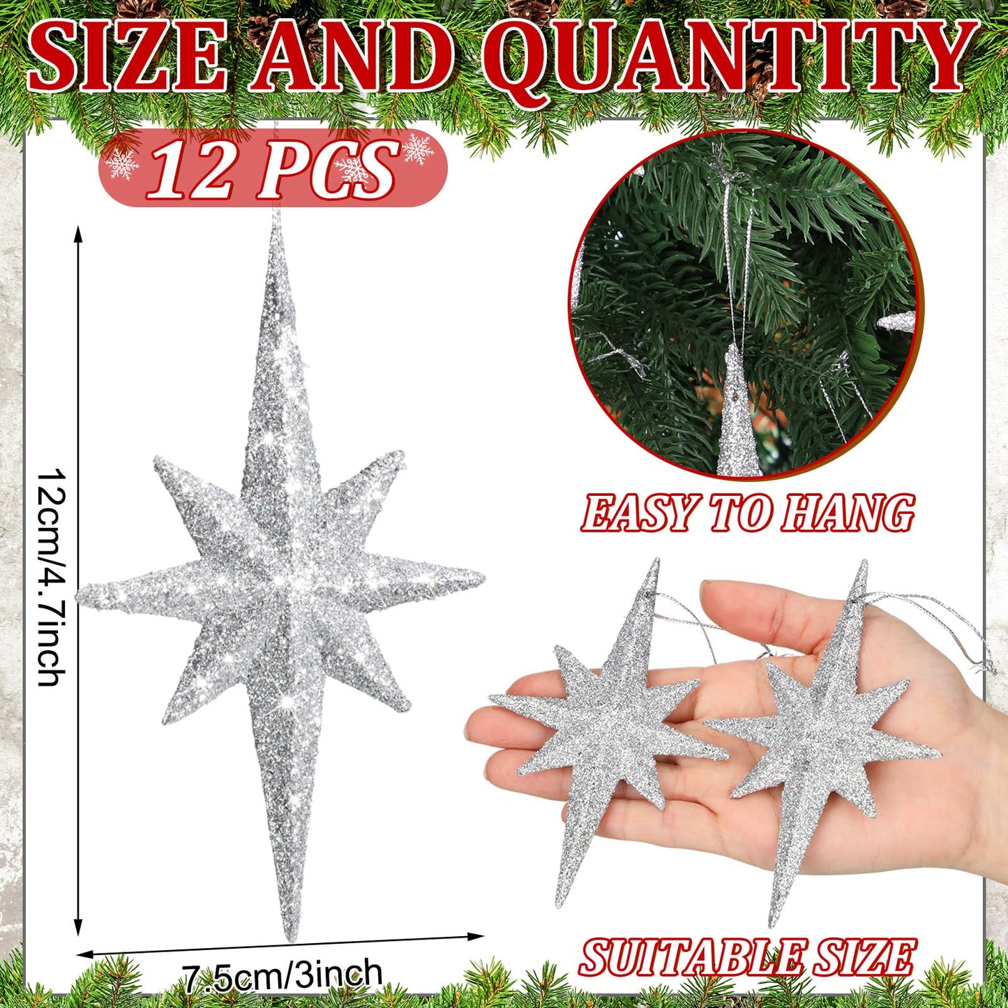 Quzzil 12 Pcs Christmas Bethlehem Star Silver Ornament 4.72 x 2.95 Inch Star of Bethlehem Christmas Tree Topper Glitter Ornament Plastic Nativity Stars Hanging Decor Accessories