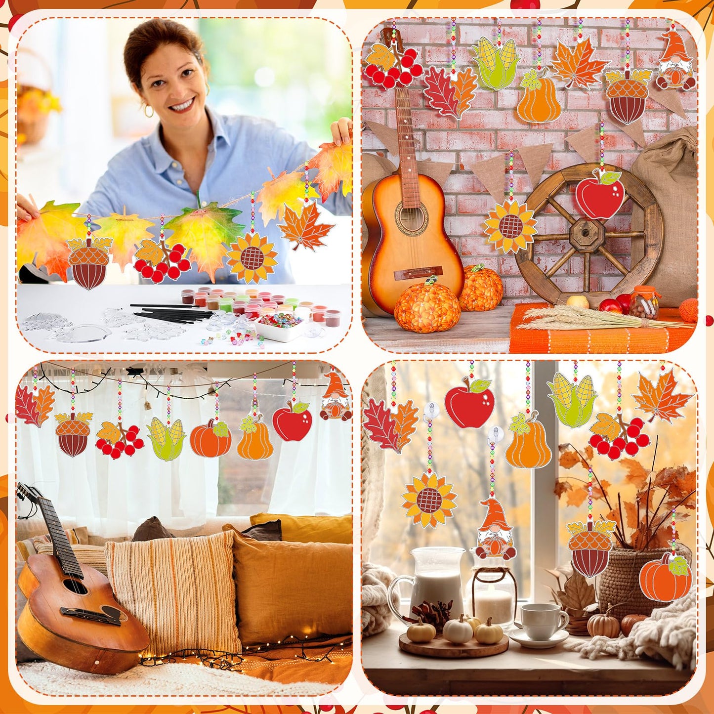 Beeveer 30 Sets Fall Plant Suncatchers Art Kits DIY Thanksgiving Pumpkin Maple Leaf Acorn Suncatcher Crafts Paint Your Own Window Ornaments for Boys Girls Autumn Classroom School Activity Party Favor