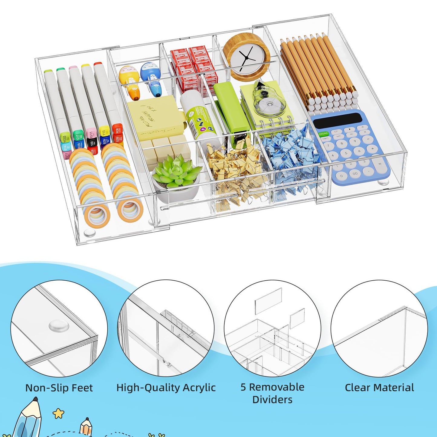 Marbrasse Acrylic Expandable Drawer Organizer, Clear Desk Drawer Organizer Tray with 5 Dividers, Desk Organizers and Accessories, 10 Adjustable Compartments for Office Supplies, Makeup & Vanity