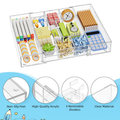 Marbrasse Acrylic Expandable Drawer Organizer, Clear Desk Drawer Organizer Tray with 5 Dividers, Desk Organizers and Accessories, 10 Adjustable Compartments for Office Supplies, Makeup & Vanity