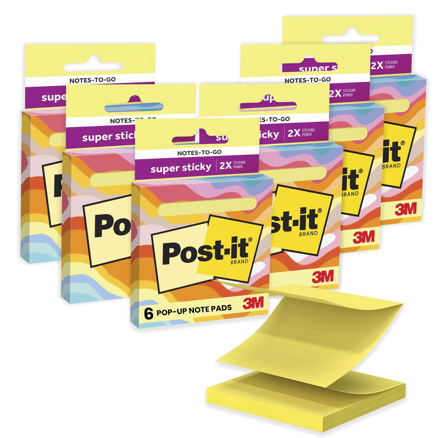 Post-it Super Sticky Notes-to-go Pop-Up Notes, 3 in. x 3 in., 6 Dispensers with 540 Total Pastel Sticky Notes in Citron Yellow Color, Great for School, Office, Classroom, or Home
