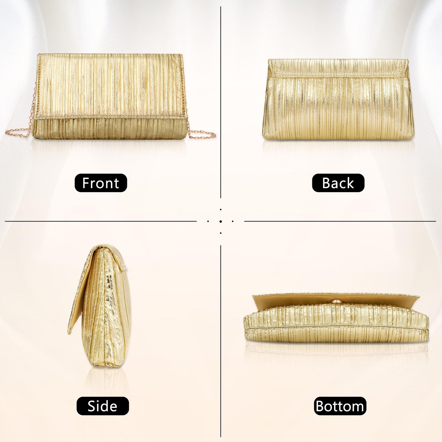 Tmore Clutch Purses for Women PU Leather Clutch Bag with Chain Handbags Soft Pleated Evening Bag (Gold)