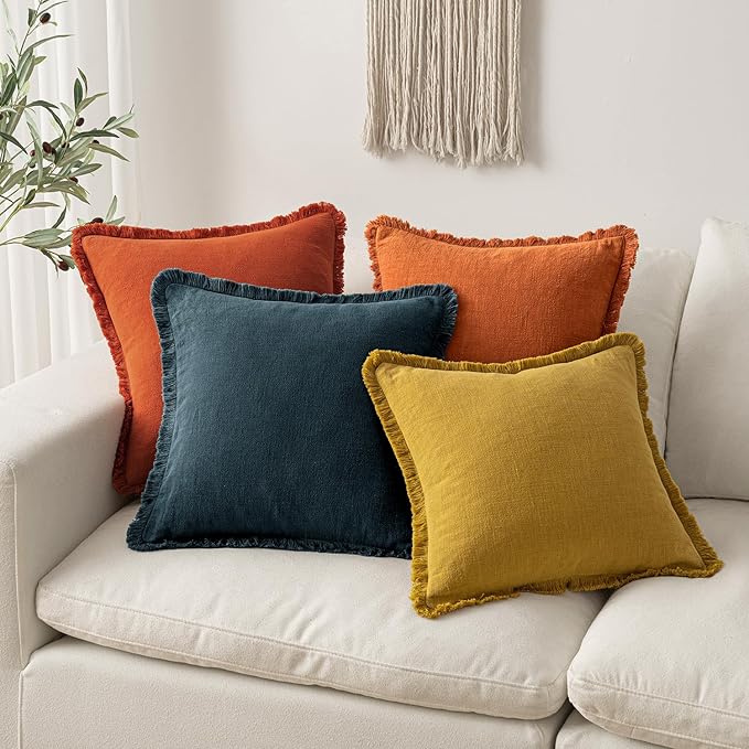MIULEE Fall Decorative Throw Pillow Covers Neutral Linen Fringe Throw Pillows Set of 2 Burnt Orange Boho Farmhouse Cushion Covers with Tassels for Couch Sofa Bed Living Room Home Decor 16x16 Inch