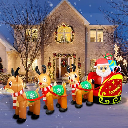 Giant Inflatable Outdoor Decoration Santa Claus on Sleigh with 3 Reindeer, Built-in LED Light, Christmas Decorations for Lawn Party Holiday